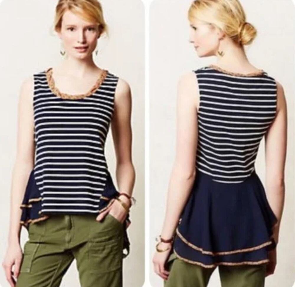 Anthropologie PostMarked Navy Striped Flowy Peplum Sleeveless Top Sz Med N
